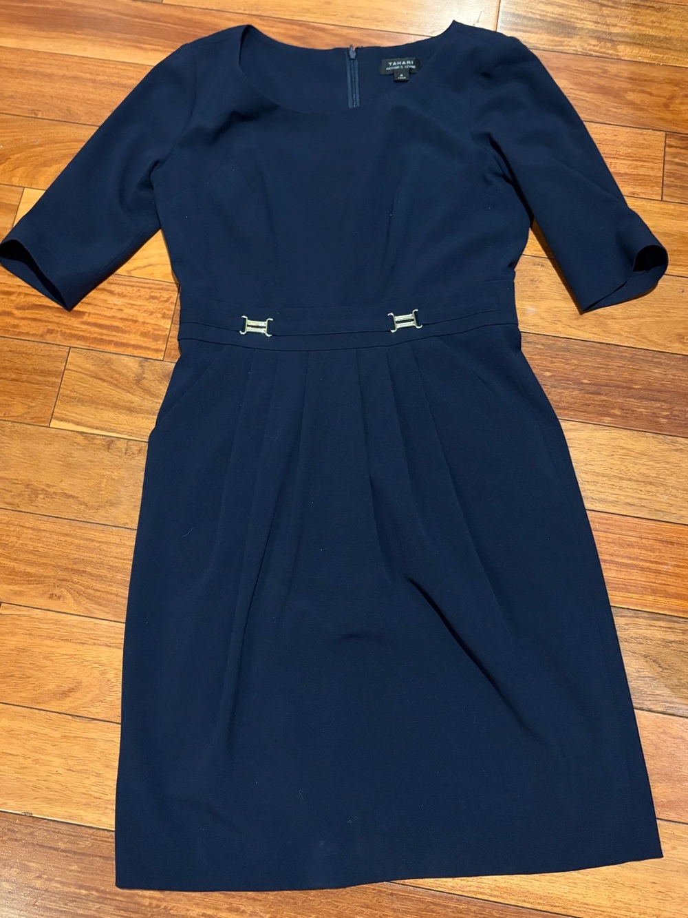 Tahari ASL Navy Midi Sheath Dress with Decorative Buckle Detail